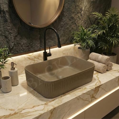 Image of Backline Ceramic Tabletop Wash Basin for Bathroom | Matt Finish Rectangle Countertop Vessel Sink for Dining Hall & Vanity | Size: 50 x 34 x 14 cm (Coffee Brown)