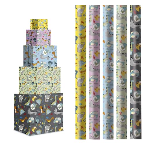 H HANSEL HOME Pack 5 Rollos Papel de Regalo Infantil 70x200cm – Diseño de Dinosaurios, Colores Surtidos – Papel Grande y Resistente para Envolver Regalos de Cumpleaños, Fiestas y Navidad