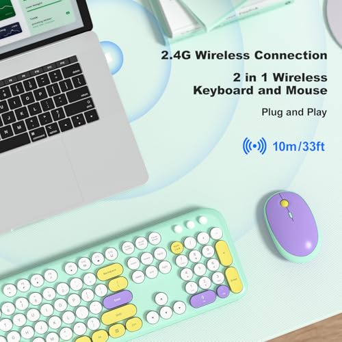 Image of Atelus Wireless Keyboard and Mouse Combo, USB 2.4GHz Full Size Typewriter Keyboard with Number Pad and Colorful Mouse for Office PC Computer Desktop Laptop Windows 7 8 10 (Mint Green)