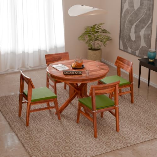 Image of Solid Sheesham Wood 4 Seater Round Dining Table Set with 4 Green Cushioned Chairs | Wooden Dining Table Set for Home, Kitchen, Dining Room & Restaurant | Dining Table Set 4 Seater | Honey Finish