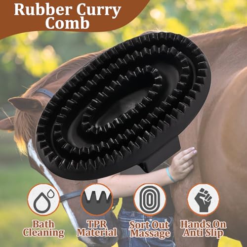 Rubber Curry Comb with Handle, Horse Grooming Brush & Shampoo Brush for Dogs, Cats & Horses, Pet Bathing & Shower Supplies - Image 4