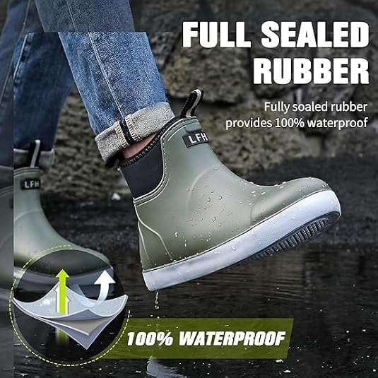 Deck Boots Mens, Rain Boots Anti-Slip Fishing Booties Waterproof Ankle Rain Shoes Rogue Wave Durable Rubber Boots Outdoor Footwear