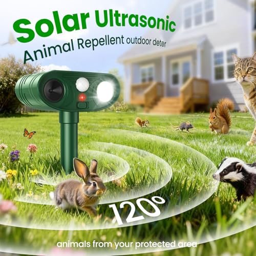 2026 Upgraded Ultrasonic Solar Animal Repellent Outdoor, Deer Repellent Devices Waterproof, Cat Repellent Outdoor with Motion-Activated Deterrent, Repels Squirrel, Deer, Raccoon for Yard, 4 Packs