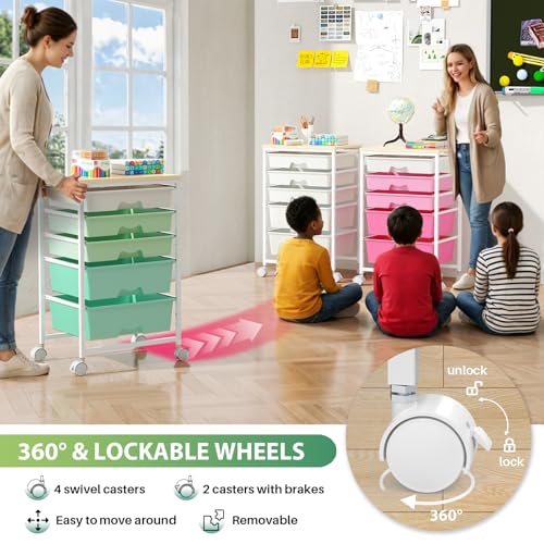 Goovilla Rolling Cart with Drawers, Utility Cart Organizer With 5 Removable Drawers and Wooden Tabletop, Lockable Rolling Storage Organizer for Art, Classroom, Home, Dorm, Office, Craft Storage, Green — view 5