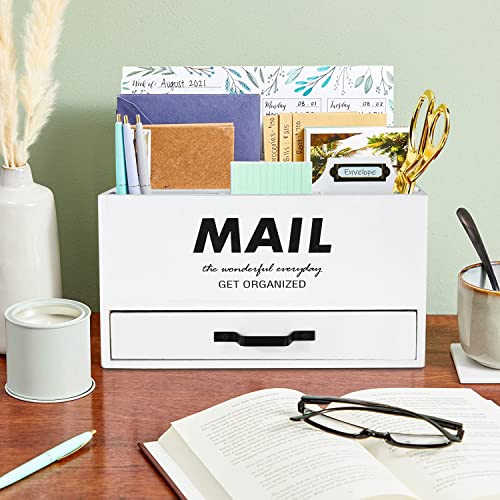 Farmhouse Mail Organizer, Desktop Mail Holder Letter Sorter, Office Desk Accessories Organizer, Countertop Mail Sorter With Drawer, Wood Desk Organizer For File Letter Paper, Decorative Mail Holder #TOP2