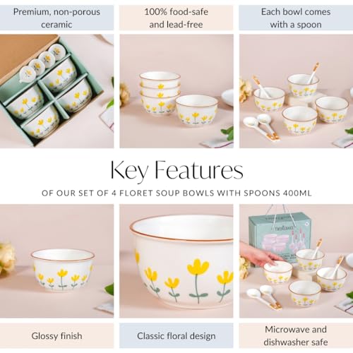 Image of Nestasia Ceramic Soup Bowl with Spoon Set of 4 (400ml Each) - Floral Microwave & Dishwasher Safe Bowl Set for Serving Soup, Curry, Custard, & Dessert - Perfect for Gifting & Daily Use (White & Yellow)