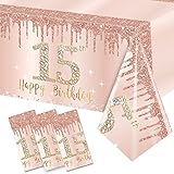 Excelloon 3 Pack 15th Birthday Tablecloth Decorations, Pink Rose Gold Happy 15 Birthday Theme Table Cover Party Supplies, Fifteen Year Old Birthday Plastic Disposable Rectangular Table Cloth Decor