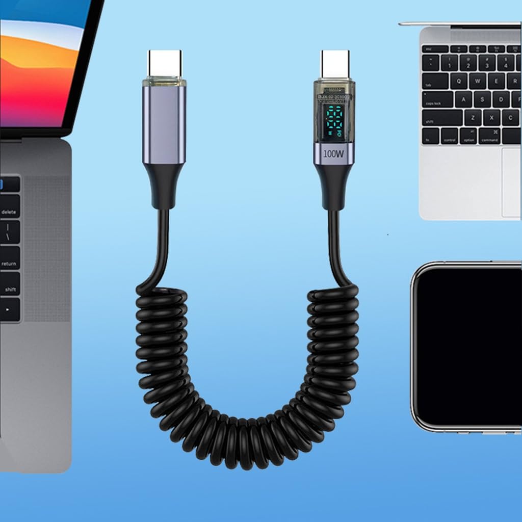 Intelligent Display USB C PD100W Quick Charging Cable with Extendable Spring Wire for Multiple Gadgets image 2