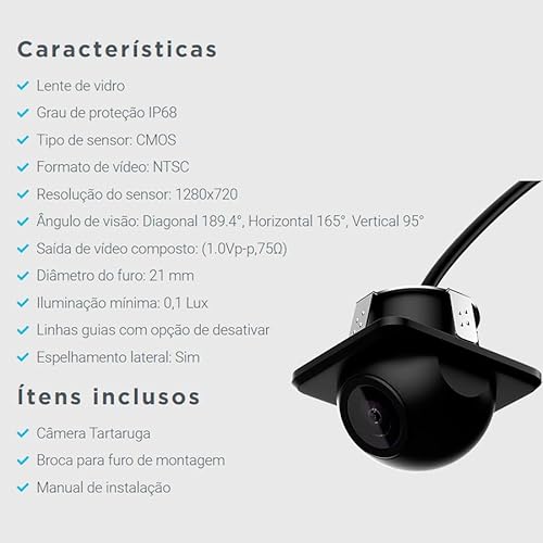 Câmera de Ré ou Frontal Tartaruga 180 Graus 1280x720px Lente de Vídro Linhas guias Faaftech FT-CAM-T