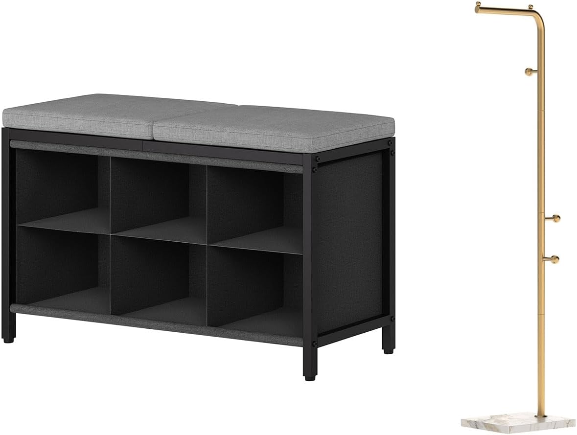 Shoe Storage Bench, Metal Coat Tree, Modern Clothes Rack with 3 Hooks and Thickened Base, Floor Standing Coat Hanger Stand, for Entryway, Living Room, Cloakroom