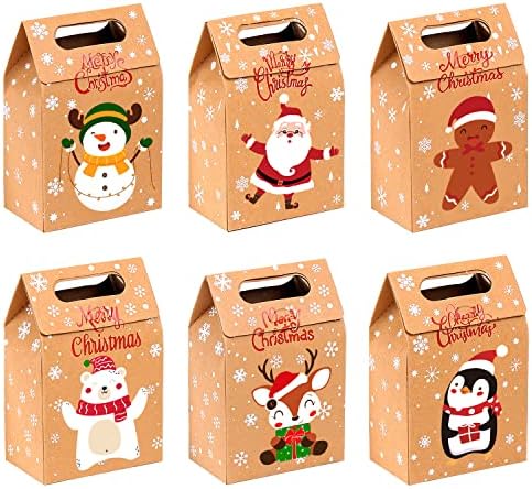 DIYDEC 24pcs Christmas Kraft Gift Boxes,Xmas Goodies Treat Candy Cookies Party Paper Bags Boxes for Christmas Party Favor Decorations