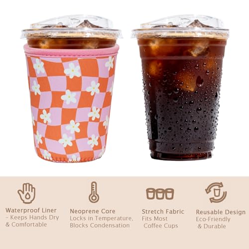 Image of Reusable Insulated Sleeve for Iced Coffee Cup, Coffee Neoprene Sleeve for Cold & Hot Drinks, Beverage Holder for Iced Coffee (Daisy Grid, Small: 16-18oz)