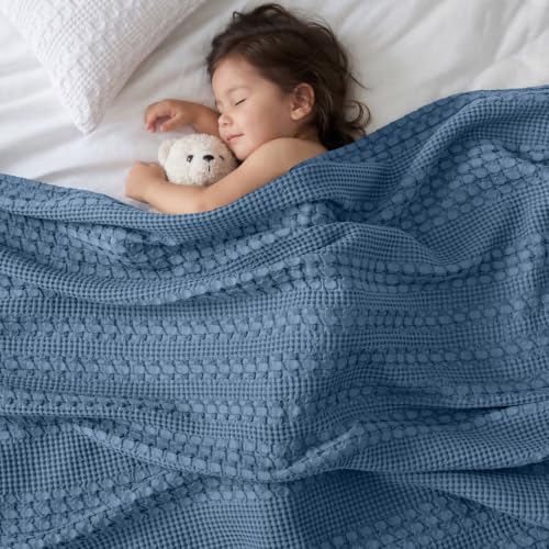Image of PHF 100% Cotton Waffle Throw Blanket for Couch, Lightweight Breathable and Soft for Summer, Luxury Aesthetic Waffle Weave Blanket for Home Decor & Office, Gifts for Women, 50 inchx60 inch, Denim Blue