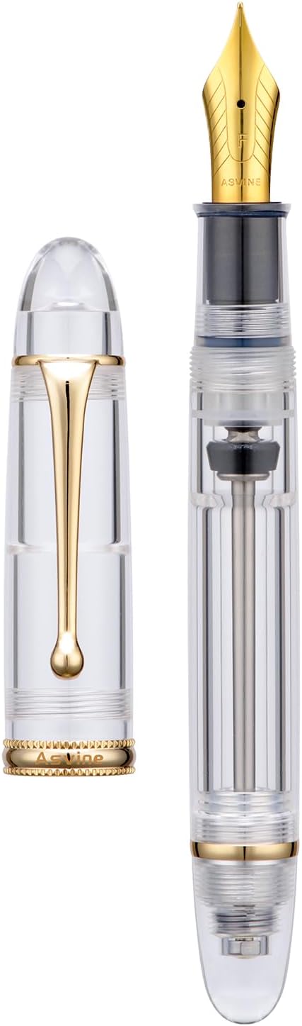 Asvine V800 Fountain Pen - Vacuum Filling System with Large Ink Capacity - Smooth Number 8 Extra Fine Nib with Gift Case and Wrench- Clear Gold Acrylic