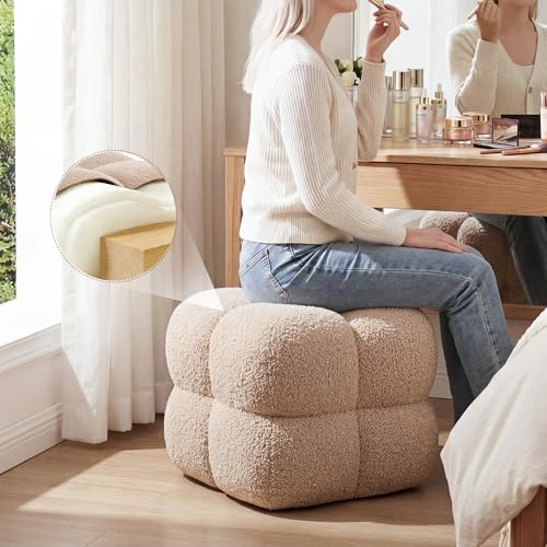 Image of Zesthouse Square Pouf Ottoman Footstool, Modern Backless Vanity Stool for Bedroom, Tan Fuzzy Foot Rest for Couch, Upholstered Tufted Footstool, Sherpa Fabric Ottoman Coffee Table for Living Room