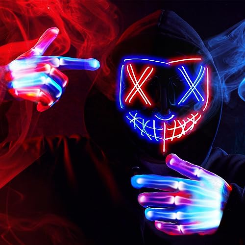 Image of JOYIN Halloween Led Mask, Light Up Mask and Gloves for Cosplay Costume (Red & Blue), 3 Modes Scary Glow in The Dark Masks for Boys Girls Halloween Party Dress Up Accessories, Gifts Giving