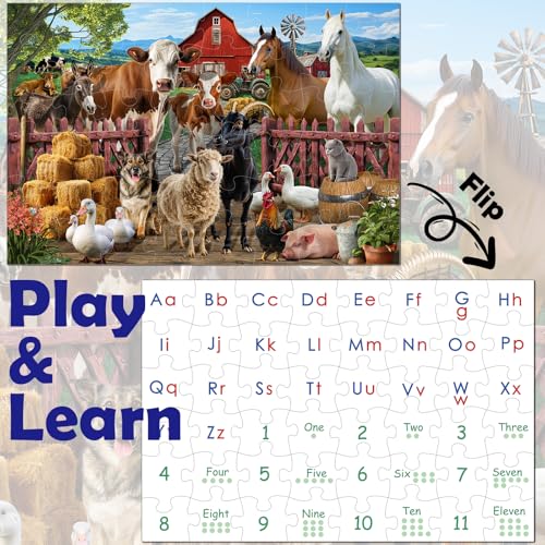 VGY Jumbo Floor Puzzle for Kids Ages 3-5,48 Piece Farm Animals with Alphabet & Numbers,Large Jigsaw Puzzle,Learning Educational Toys for Toddlers Ages 4-6,Big Floor Puzzle Gift for Boys Girls Ages 4-8 - Image 4