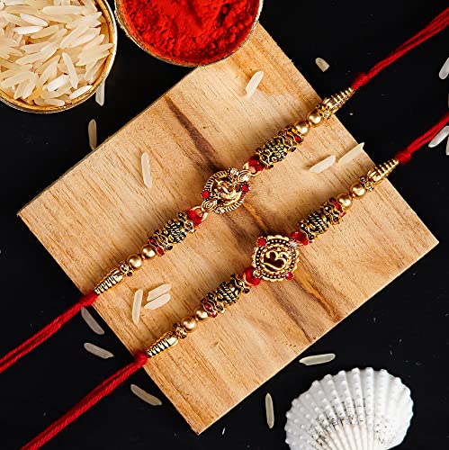 Image of eCraftIndia Set of 2 Designer Rakhi for Brother with Best Bro Ever Fridge Magnet & Roli Chawal Pack | Raksha Bandhan Rakhi Combo for Bhaiya Bhai | Traditional Decorative Festive Thread Set