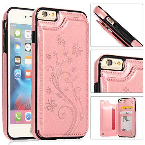 Back Wallet Case for iphone 6 Plus/6S Plus with Stand,QFUN Elegant Embossed Design [Butterfly Flower] Lightweight Slim Fit Leather Phone Case with Card Holder Protective Bumper Flip Cover - Rose Gold