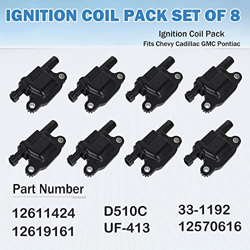 12611424 Ignition Coil Pack Compatible With Chevy Cadillac Gmc Pontiac 5.3L 6.0L V8 Engine G8 Grand Prix H3 Silverado Tahoe Yukon Impala - Replace # 12570616 D510C Uf413, Set Of 8 Ignition Coil #TOP2