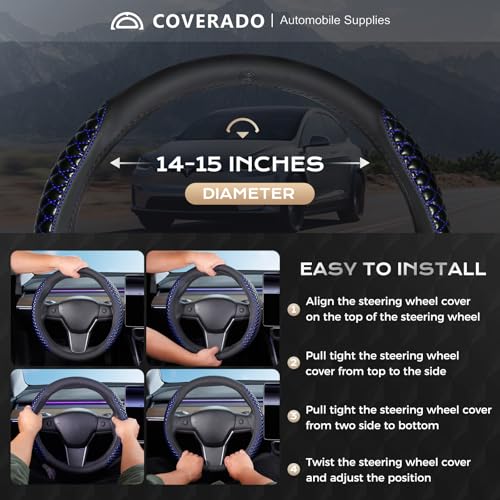 Image of Coverado Car Steering Wheel Cover, Nappa Leather Black & Blueline Steering Wheel Covers, Universal 14-15 inch, Anti-Slip, Breathable Steering Wheel Protector for Women Men