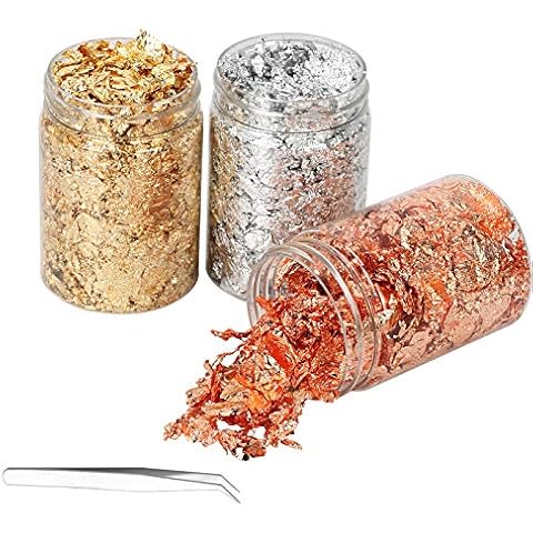 TGFIX 3 Bottles Gold Foil Flakes Imitation Gold, Silver, Copper Colours Metallic Leaf Foil Flakes with 1 Pcs Tweezers for Nails Crafts and Arts, Nails, Gilding, Painting, Slime, Resin 5g/Bottle Cover