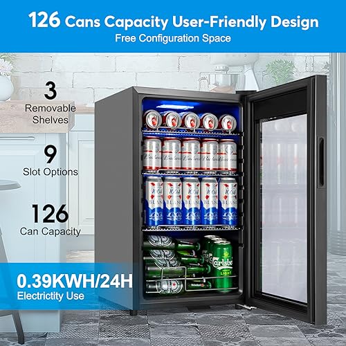 Image of Beverage Refrigerator 17 inch Wide - 126 Can Beverage Cooler with Glass Door | Counter-Top /Freestanding Mini Beverage Beer Fridge | Temperature Memory | Invisible Door | Perfect for Soda,Beer