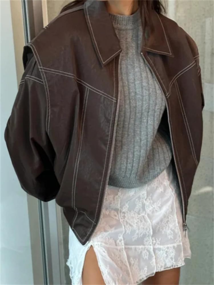 ORANDESIGNE Giacca Bomber da Donna in Finta Pelle Manica Lunga Risvolto in Pelle PU Giacca Oversize Tinta Unita Cerniera Cappotto Streetwear