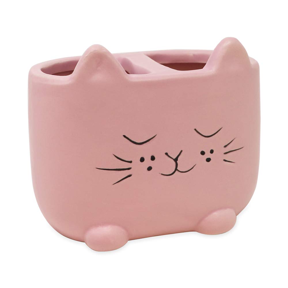 Isaac Jacobs Pink Ceramic Cat Makeup Brush Holder, Multi-Purpose 2-Section Organizer. Bathroom, Kitchen, Bedroom, Office Décor (2-Section Cup, Pastel Pink)