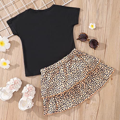 Akyzic Toddler Girl Clothes Leopard Outfit Two Piece Letter Print Short Sleeve Shirt Cheetah Print Tiered Skirt Baby Girl Leopard Dress Clothes Set 2-3T #TOP2