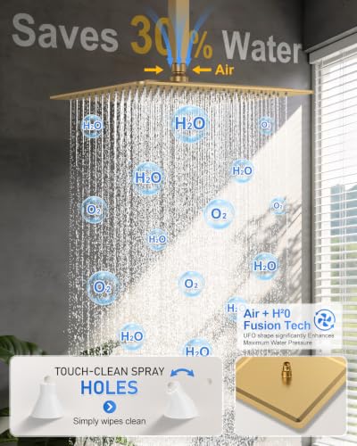 Image of Woindo 4 Function Shower Faucet Set 12 inch Rain Shower Head /6'' Side Shower Head and 3 Setting Handheld Ceiling Mount Push Button Diverter Complete Rainfall Round Shower System Included Valve Trim Kit