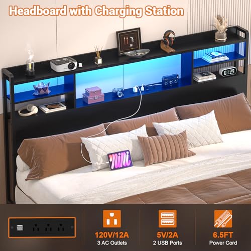 Image of Aheaplus Headboard for Queen Size Bed with Storage, Rustic Brown | Headboards with LED Light, Power Outlets, USB Ports Queen Size Head Board, Wood headboard Only Sturdy and Stable Headboards