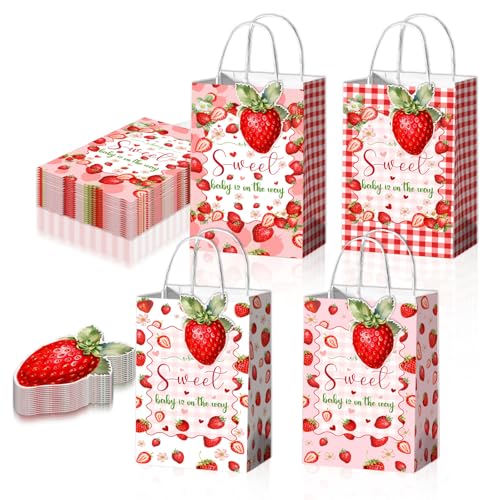 QZCYU 32pcs Strawberry Shortcake Baby Shower Decorations, Strawberry Shortcake Gift Bags with Handles and Strawberry Decorative Cards, Strawberry Baby Shower Birthday Gifts, Baby Party Supplies
