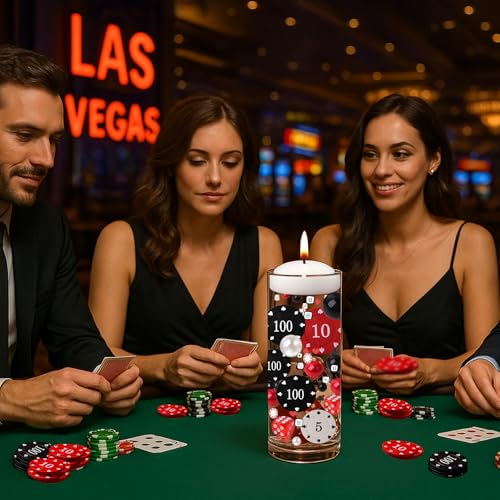 465 PCS Casino Theme Vase Filler Floating Centerpiece Decor with Dice, Poker Chips, Pearls, Mini Playing Cards & Chips – Red, Black & White Party Decorations for Casino Night, Wedding, Vegas Events - Image 3