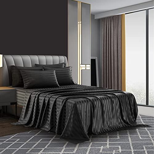 Lanqinglv Satén Sábana bajera de 180 x 200 cm, gorro de 30 cm, color negro, rayas, elástica, sábana bajera para 2 personas, seda, brillante, funda de colchón para verano, suave, protección de colchón