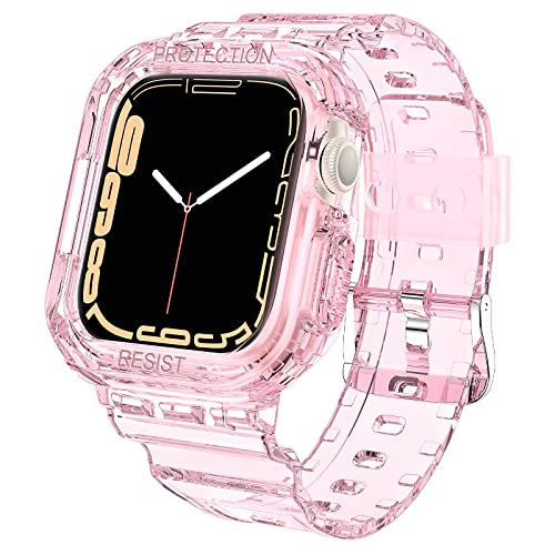 Goton Rugged Band Compatible for Apple Watch 38mm 40mm 42mm 44mm 41mm 45mm Crystal Clear Bands for Apple Watch Series SE 7 6 5 4 3 2 1, Sports Wristband with Protective Bumper Case(Pink/Clear, 42/44/45mm)