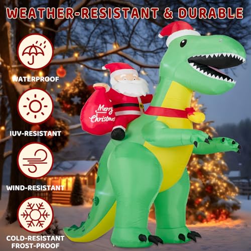 Kendane 8FT Christmas Inflatable Santa Claus Christmas Dinosaur Decoration, Giant Christmas Lights Outdoor Decoration for Garden Yard Lawn Party - Image 2