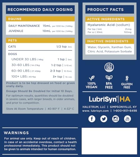 LubriSynHA Hyaluronic Acid Hip & Joint Care Supplement for Dogs, Cats & Horses – Liquid Oral HA for Pets – Joint Support Supplement Promotes Mobility, Flexibility, Cartilage Health & Comfort – 8oz