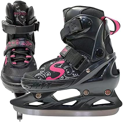 Softmax - Adjustable Ice Skates - Hockey Skates for Boys and Girls - Insulated Kids Ice Skates with 3 Sizes Adjustments (BK/PK, Small)