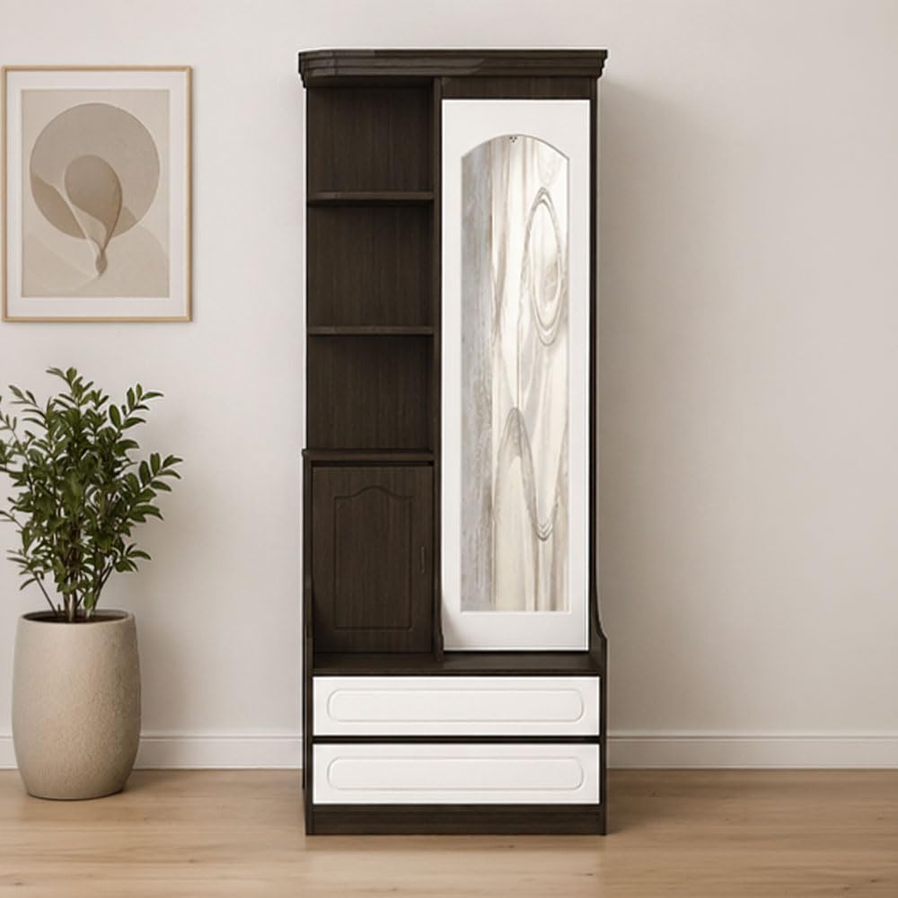 Jacey Dressing Table | Full-Length Mirror, Open Shelves, 2 Drawers, Wooden Construction, Bedroom Furniture-image-9