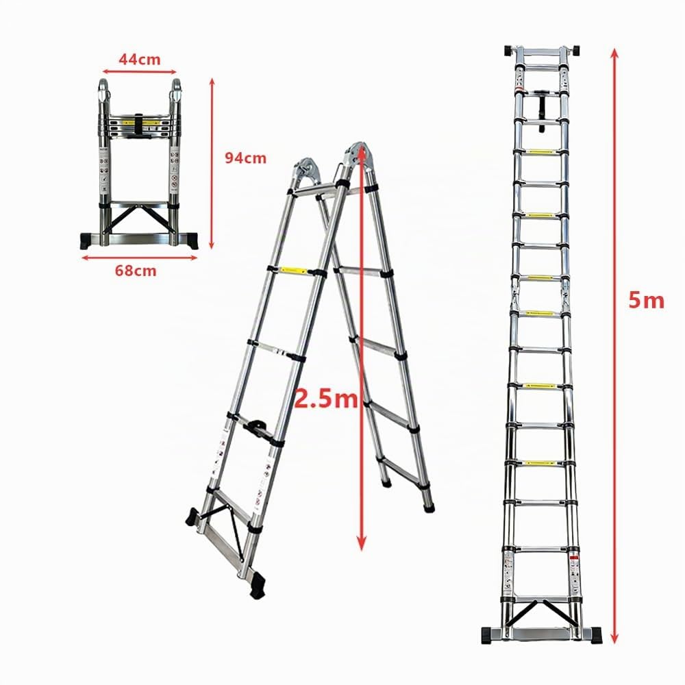 5M(2.5m+2.5m) Edelstahl Teleskopleiter, 2-in-1 Faltbare A-Form Leiter & Geradeleiter mit 150 kg Traglast, stabilere Verriegelung, Anti-rutschige Füße für Haushalt, Garten und Renovierung