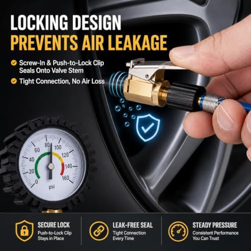 2 Pack Locking Tire Air Chuck, Brass Tire Inflation Nozzle Adapter with Clip β 8mm Threaded Hose Connector for Leak-Free Inflation, 250 PSI Max, Fits Car, Truck, Bike & Motorcycle Air Compressor Pumps - 2
