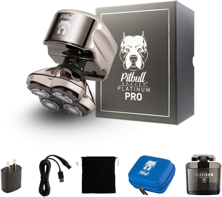Skull Shaver Pitbull Platinum PRO Head & Face Shaver Kit - Cordless Electric Shaver - Wet & Dry Shaving Capabilities - Comes with Travel Case, USB Charging Cable & Rinse Stand