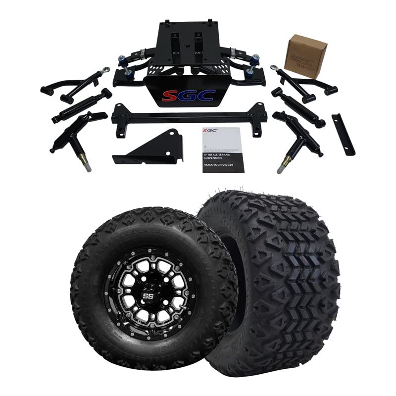 Hardcore Parts4” Heavy Duty Double A-Arm Suspension Lift Kit for YAMAHA Drive G29 Golf Cart with 10" Black 'Panther' Wheels and 20"x10"-10" DOT rated All-Terrain tires