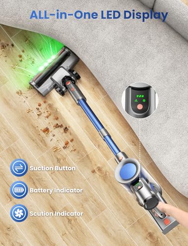 Image of Dzaki Cordless Stick Vacuum Cleaner, 50KPa Brushless Motor Vacuum with Anti-Tangle, LED Display, 55-Min Runtime & Detachable Battery for Pet Hair, Carpet & Hardwood Floors (Blueorange)