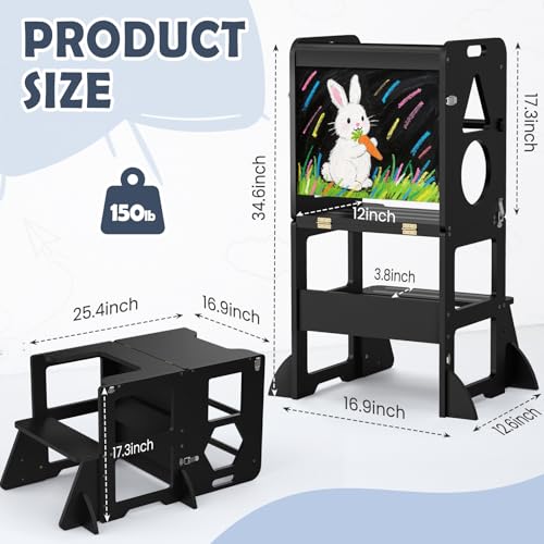 Image of Woodure 4 in-1 Toddler Kitchen Step Stool, Foldable Learning Standing Tower with Blackboard, Wooden Kitchen Stool Helper for Kids, 1-3 Year Old Boy Girl Gifts - Black