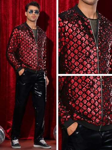Image of Lars Amadeus Argyle Sequin Bomber Jacket for Men's Party Club Shiny Baseball Varsity Jacket