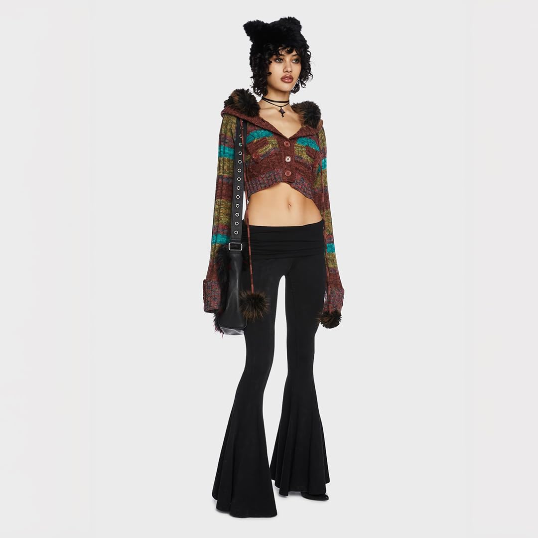 Dolls Kill Dew Morning Flare Pants by Current Mood – Ruched Jersey, Foldover Waistline, Low Rise Fit with Flared Leg