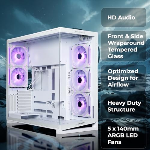 Image of Zebronics Premium Gaming Case, Full-Tower, EATX, ATX, 5 ARGB Fans, Upto 480mm AIO Support, Type-C, USB 3.0, Vertical GPU, Dual Chamber, Magnetic Dust Filter (Shadowcore, White)