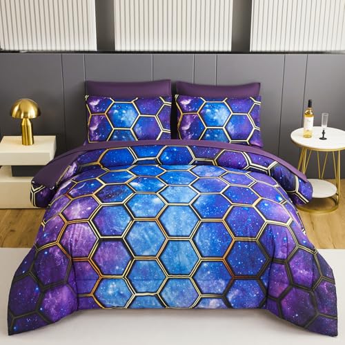 ZSYAYAHA Galaxy Girls Comforter Set Twin Boys Space Bed Set 7 Pieces Blue Purple Star Bedding Set Soft Warm Gold Trim Hexagon Bed in A Bag for Kids Teens(Galaxy Blue Purple, Twin)